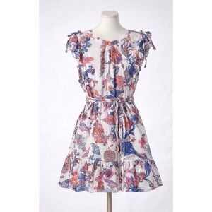 Banjanan Lillian Dress Sz  L 100% Cotton Gauzy Blue Pink Monkey Bird Belted